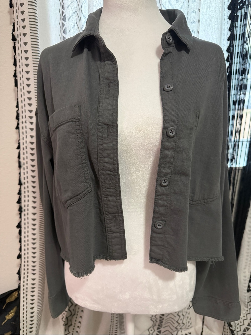 Womens Washed Gray Button-Front Crop Jacket